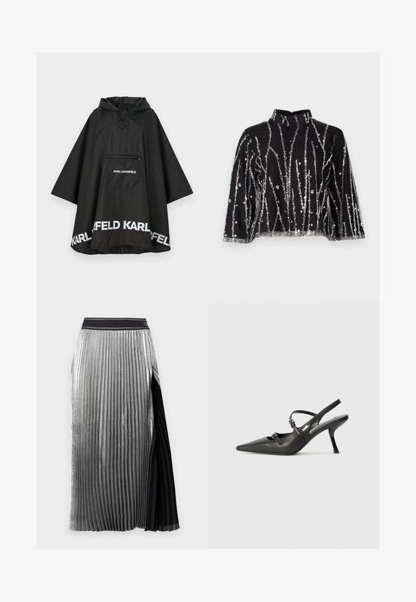 Fekete vízálló poncsó kapucnival, elülső zsebbel és fehér logó részletekkel az alján. Simább, könnyű anyag.; Fekete, cropped fazonú felső magas nyakkal, ezüstszínű flitteres függőleges csíkokkal, áttetsző ujjakkal és texturált anyaggal.; Fémes ezüstszínű, pliszírozott szoknya fekete oldalsó panelek mellett, széles derékpánttal és függőleges redőzéssel, amely sima és textúrált megjelenést kölcsönöz.; Fekete bőrszíjjal ellátott magassarkú cipő, hegyes orral, karcsú sarkával és díszes csattal a vamp részén. Simás textúra és elegáns dizájn.