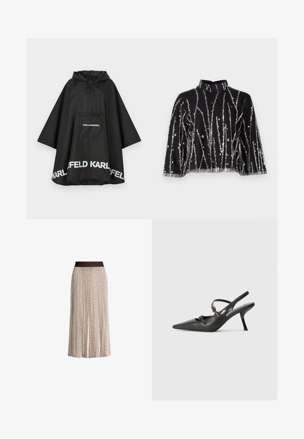 Czarny wodoodporny poncho z kapturem, z kieszenią z przodu i białymi detalami logo wzdłuż krawędzi. Gładki, lekki materiał.; Czarny krótki top z wysokim dekoltem, zdobiony pionowymi liniami z srebrnych cekinów, z przezroczystymi rękawami oraz fakturowanym materiałem.; Beżowa spódnica midi z fałdami, delikatnym geometrycznym wzorem i ciemnym paskiem w talii z wytłoczonym logo "JOOP!".; Czarne skórzane sandały na obcasie typu slingback z wydłużonym noskiem, smukłym obcasem i ozdobnym zapięciem na cholewce. Gładka tekstura i elegancka forma.
