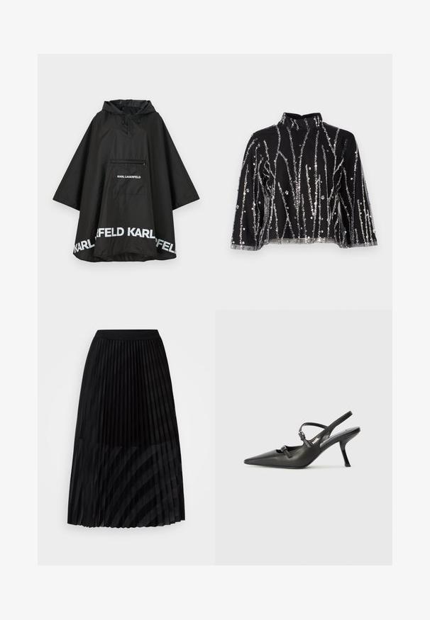 Svart vattentät poncho med huva, som har en framficka och vit logotypdetalj längs nederkanten. Slätt, lätt material.; Svart kort topp med hög hals, prydd med silverfärgade paljetter i vertikala linjer, genomskinliga ärmar och texturerad väv.; Svart plisserad kjol gjord av lättviktig tyg, har en elastisk midja, med vertikala ränder skapade av alternerande texturer.; Svarta läderklackar med slingback, spetsig tå, smal klack och dekorativ spänndetalj på ovansidan. Slät struktur och stilren design.