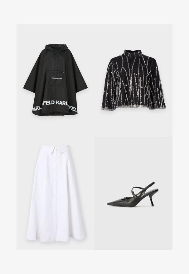 Fekete vízálló poncsó kapucnival, elülső zsebbel és fehér logó részletekkel az alján. Simább, könnyű anyag.; Fekete, cropped fazonú felső magas nyakkal, ezüstszínű flitteres függőleges csíkokkal, áttetsző ujjakkal és texturált anyaggal.; Fehér, hosszú szoknya könnyű anyagból, gombos elejével, széles aljával és strukturált gallérral. Simaság jellemzi, látható minta nélkül.; Fekete bőrszíjjal ellátott magassarkú cipő, hegyes orral, karcsú sarkával és díszes csattal a vamp részén. Simás textúra és elegáns dizájn.