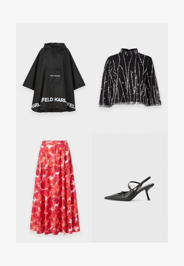 Poncho negro impermeable con capucha, con un bolsillo frontal y detalles del logo en blanco a lo largo del dobladillo. Material suave y ligero.; Top corto negro de cuello alto, con líneas verticales de lentejuelas plateadas, mangas transparentes y tejido texturizado.; Falda con cinturilla elástica que presenta un patrón floral de amapolas rojas y rosas sobre un fondo blanco. Forma acampanada fluida, tejido ligero.; Tacones slingback de cuero negro con punta afilada, tacón delgado y detalle decorativo de hebilla en la parte superior. Textura suave y diseño elegante.