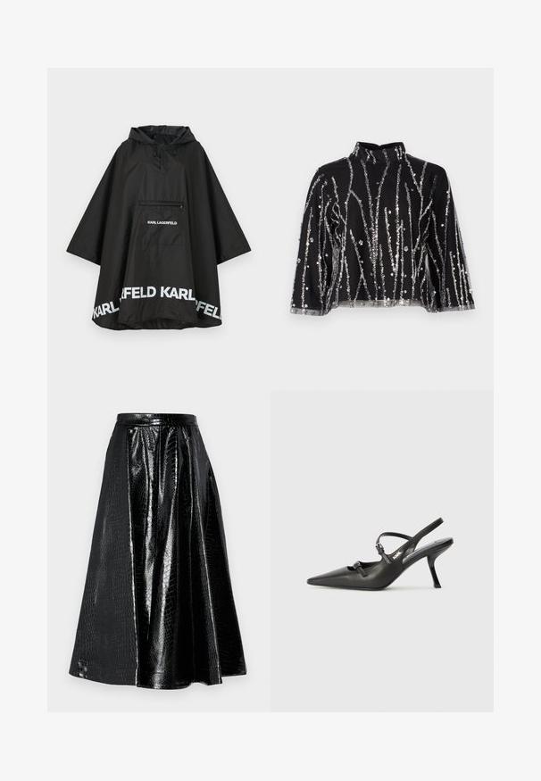Fekete vízálló poncsó kapucnival, elülső zsebbel és fehér logó részletekkel az alján. Simább, könnyű anyag.; Fekete, cropped fazonú felső magas nyakkal, ezüstszínű flitteres függőleges csíkokkal, áttetsző ujjakkal és texturált anyaggal.; Fekete műbőr szoknya krokodilbőr hatású textúrával, ívelt fazonban és redőzéssel, sima derékpánttal.; Fekete bőrszíjjal ellátott magassarkú cipő, hegyes orral, karcsú sarkával és díszes csattal a vamp részén. Simás textúra és elegáns dizájn.