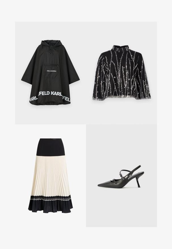 Črn vodoodporen pončo s kapuco, ki ima sprednji žep in bele logotipske detajle ob robu. Gladek, lahek material.; Črn skrajšan top z visokim ovratnikom, ki ima srebrne sequins vertikalne črte, prosojne rokave in teksturirano blago.; Midi krilo s ploščami, ki ima zgornji črni del, smetanaste plošče in črn volančkast rob z logotipom. Zadrga na zadnji strani.; Črne usnjene sandale na peto s koničastim nosom, vitko peto in okrasno zaponko na sprednjem delu. Gladka tekstura in eleganten dizajn.