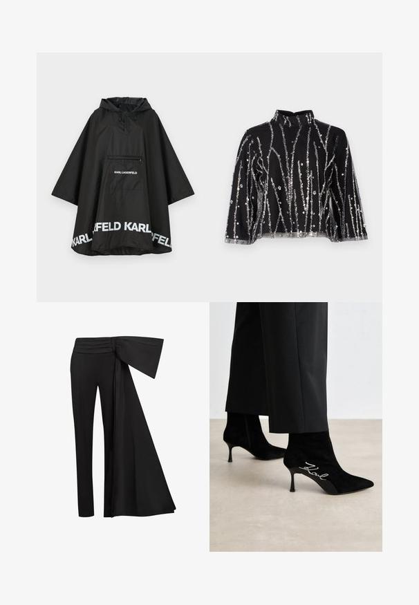 Poncho negro impermeable con capucha, con un bolsillo frontal y detalles del logo en blanco a lo largo del dobladillo. Material suave y ligero.; Top corto negro de cuello alto, con líneas verticales de lentejuelas plateadas, mangas transparentes y tejido texturizado.; Pantalones negros con un ancho detalle de cinta drapeada en la cintura. Tejido suave, corte recto de pierna y cinturilla plisada.; Botas de ante negras hasta el tobillo con punta afilada, tacones delgados y detalles en plata "Kowl" en el lateral. Textura lisa y diseño ajustado.
