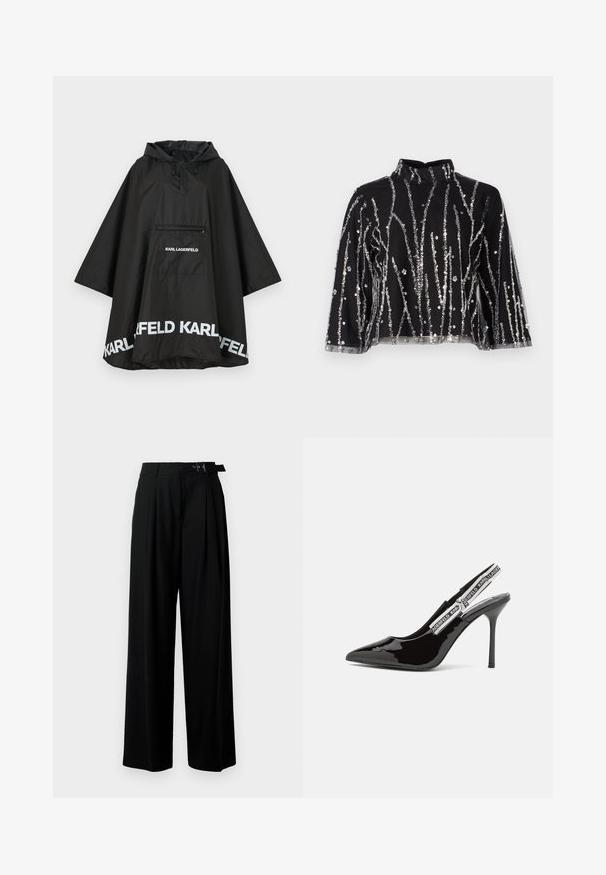 Black waterproof poncho with a hood, featuring a front pocket and white logo detailing along the hem. Smooth, lightweight material.; Black cropped top with high neck, featuring silver sequined vertical lines, sheer sleeves, and textured fabric.; Black wide-leg trousers with a high waist, pleats at the front, and a belt featuring a buckle. Made from smooth, lightweight fabric.; Black patent leather slingback pump with a pointed toe, slim stiletto heel, and adjustable strap featuring a logo in white text.