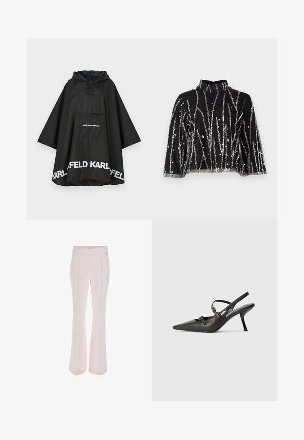 Czarny wodoodporny poncho z kapturem, z kieszenią z przodu i białymi detalami logo wzdłuż krawędzi. Gładki, lekki materiał.; Czarny krótki top z wysokim dekoltem, zdobiony pionowymi liniami z srebrnych cekinów, z przezroczystymi rękawami oraz fakturowanym materiałem.; Spodnie typu dzwony w jasnoróżowym materiale. Posiadają szeroki pas, pionowe szwy i gładką teksturę. Zaprojektowane z myślą o dopasowanym kroju.; Czarne skórzane sandały na obcasie typu slingback z wydłużonym noskiem, smukłym obcasem i ozdobnym zapięciem na cholewce. Gładka tekstura i elegancka forma.