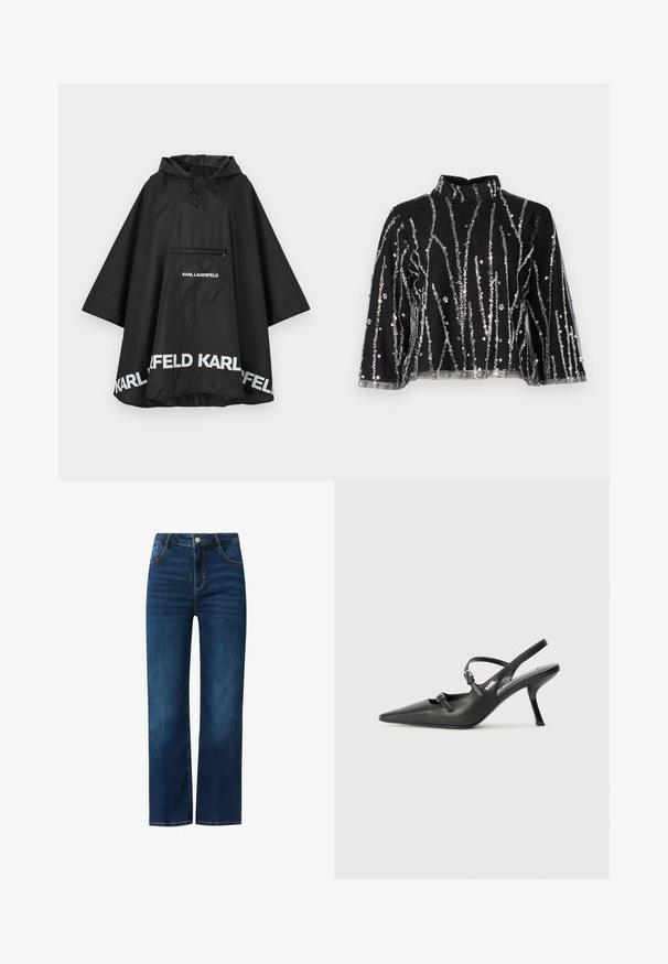 Poncho noir imperméable avec capuche, doté d'une poche avant et d'un logo blanc le long de l'ourlet. Matériau lisse et léger.; Haut court noir à col montant, présentant des lignes verticales en sequins argentés, des manches transparentes et un tissu texturé.; Jeans en denim bleu avec une coupe droite, dotés d'une fermeture zippée à l'avant, de cinq poches et de surpiqûres contrastées. Texture lisse, lavage moyen.; Talons slingback en cuir noir avec un bout pointu, un talon fin et un détail de boucle décorative sur le vamp. Texture lisse et design épuré.
