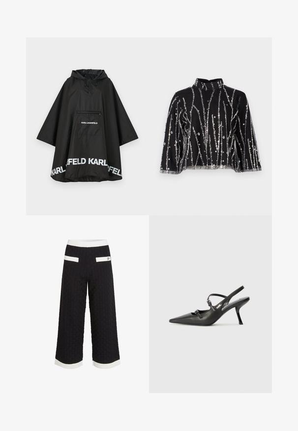 Čierny nepremokavý plášť s kapucňou, vybavený prednou vreckom a bielym logom pozdĺž lemu. Hladký, ľahký materiál.; Čierny crop top s vysokým golierom, ktorý má vertikálne strieborné trblietavé prúžky, priesvitné rukávy a textúrovanú látku.; Čierne skrátené nohavice s textúrovaným, tkaným vzorom. Majú biele akcentové pruhy v páse a na lemoch, plus dva zadné vrecká.; Čierne kožené slingback topánky na vysokom podpätku s ostrou špicou, štíhlym podpätkom a dekoratívnym detailom s prackou na priehlavku. Hladká textúra a elegantný dizajn.