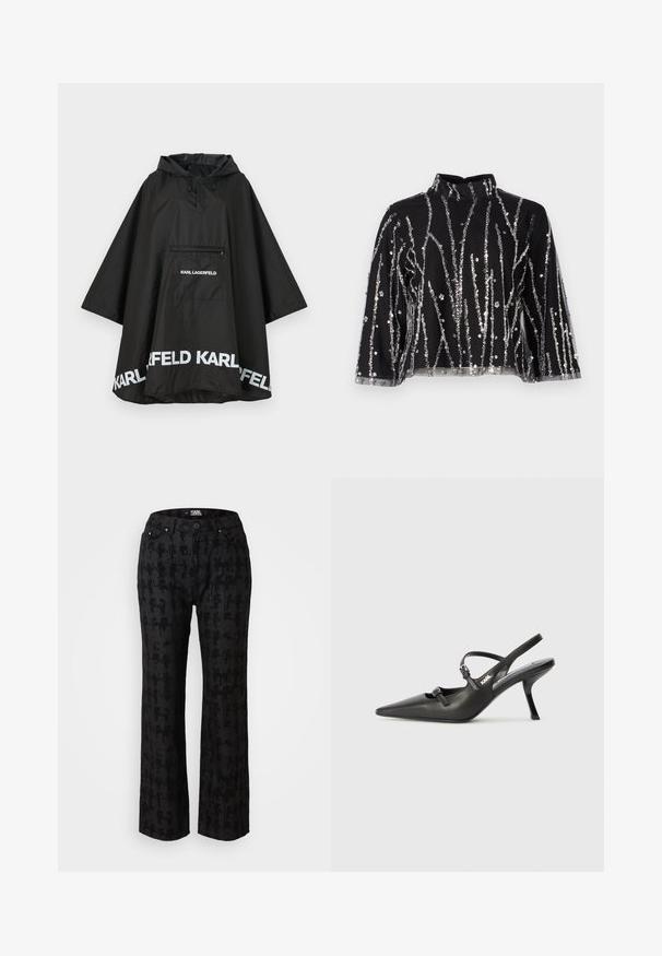 Must mustes ponšo koos kapuutsi ja esikotiga, millel on valge logo detailid äärisel. Sile ja kerge materjal.; Mustmust lõhikuga must topp kõrgema kaelusega, millel on hõbedased säbrulised vertikaalsed read, läbipaistvad varrukad ja tekstureeritud kangas.; Musthave mustrite mustrite streigud lõik, viis taskut ja ees nööpe sulgemine. Valmistatud siledast kangast mugavuse tagamiseks.; Must musta slingback kontsad, terava nina, peenike konts ja dekoratiivne pandla detail peal. Sile tekstuur ja stiilne disain.