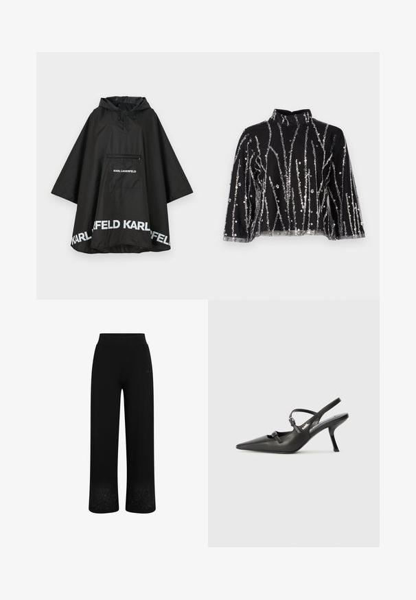 Črn vodoodporen pončo s kapuco, ki ima sprednji žep in bele logotipske detajle ob robu. Gladek, lahek material.; Črn skrajšan top z visokim ovratnikom, ki ima srebrne sequins vertikalne črte, prosojne rokave in teksturirano blago.; Črne trenirke s širokimi hlačnicami, elastičnim pasom in cvetličnim vezenjem na robu. Narejene iz mehke, raztegljive tkanine.; Črne usnjene sandale na peto s koničastim nosom, vitko peto in okrasno zaponko na sprednjem delu. Gladka tekstura in eleganten dizajn.