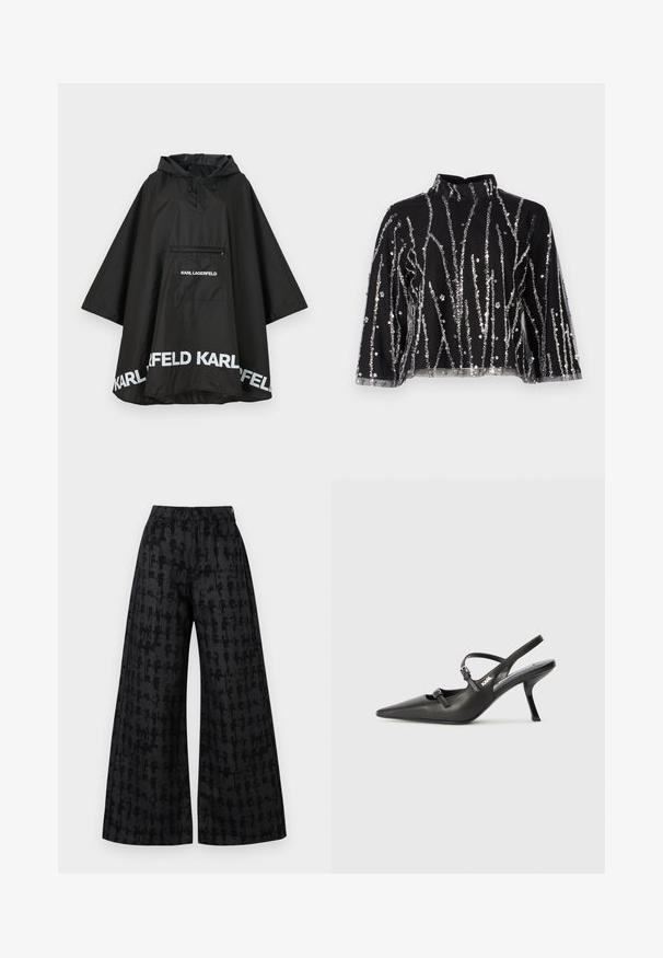 Černý voděodolný pončoš s kapucí, obsahující přední kapsu a bílé logo na lemu. Hladký, lehký materiál.; Černý zkrácený top s vysokým límcem, s vertikálními stříbrnými flitry, průhlednými rukávy a texturovanou tkaninou.; Široké černé kalhoty s texturovaným vzorem, vysokým pasem, předními kapsami a skrytým zapínáním na knoflík. Měkký materiál.; Černé kožené lodičky na boku s špičatou špičkou, štíhlým podpatkem a dekorativní přezkou na nártu. Hladká textura a elegantní design.