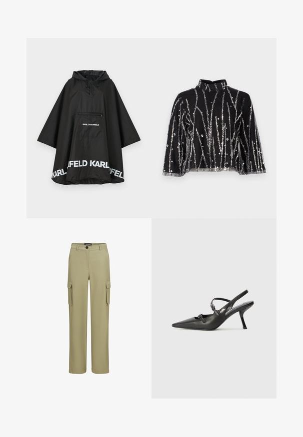Črn vodoodporen pončo s kapuco, ki ima sprednji žep in bele logotipske detajle ob robu. Gladek, lahek material.; Črn skrajšan top z visokim ovratnikom, ki ima srebrne sequins vertikalne črte, prosojne rokave in teksturirano blago.; Khaŋi cargo hlače iz mehkega blaga. Imajo dva stranska žepa in zapiranje na gumb. Model ravnih hlač s krojem po meri.; Črne usnjene sandale na peto s koničastim nosom, vitko peto in okrasno zaponko na sprednjem delu. Gladka tekstura in eleganten dizajn.