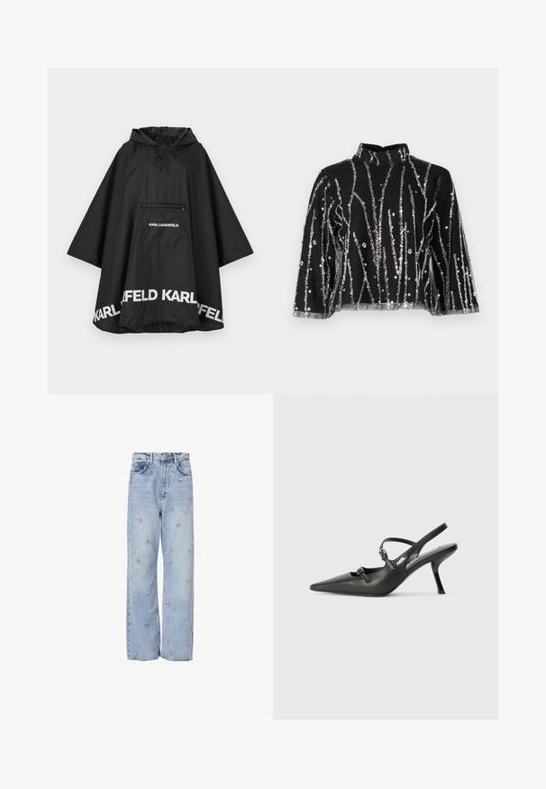 Fekete vízálló poncsó kapucnival, elülső zsebbel és fehér logó részletekkel az alján. Simább, könnyű anyag.; Fekete, cropped fazonú felső magas nyakkal, ezüstszínű flitteres függőleges csíkokkal, áttetsző ujjakkal és texturált anyaggal.; Világoskék farmernadrág, laza szabású, ezüst virágos hímzéssel díszítve, hagyományos öt zsebes kialakítással.; Fekete bőrszíjjal ellátott magassarkú cipő, hegyes orral, karcsú sarkával és díszes csattal a vamp részén. Simás textúra és elegáns dizájn.
