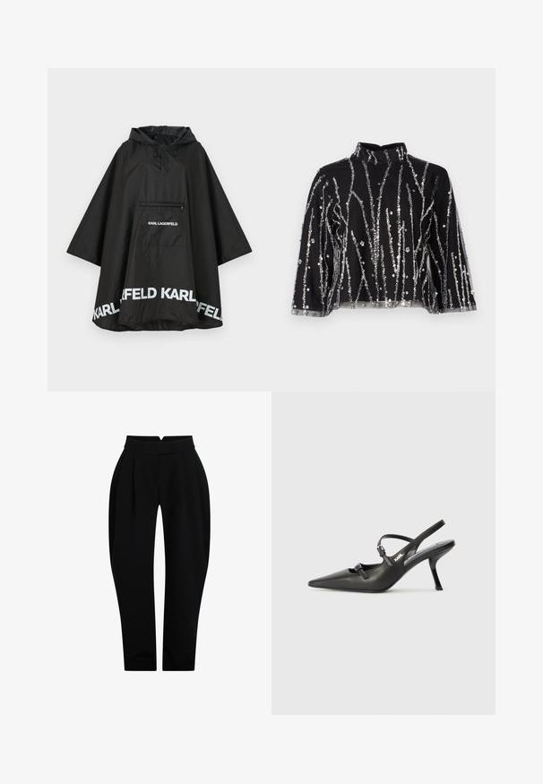Must mustes ponšo koos kapuutsi ja esikotiga, millel on valge logo detailid äärisel. Sile ja kerge materjal.; Mustmust lõhikuga must topp kõrgema kaelusega, millel on hõbedased säbrulised vertikaalsed read, läbipaistvad varrukad ja tekstureeritud kangas.; Mustad taljesärkidega mustad püksid, millel on esikortsud, sile tekstuur ja kitsenevad sääred, mis loovad istuva silueti.; Must musta slingback kontsad, terava nina, peenike konts ja dekoratiivne pandla detail peal. Sile tekstuur ja stiilne disain.