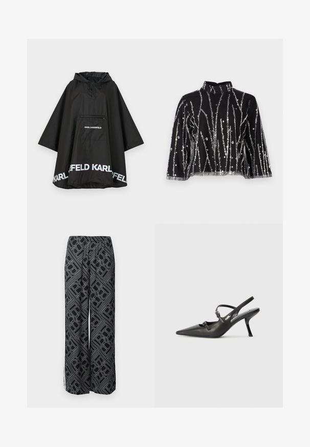 Fekete vízálló poncsó kapucnival, elülső zsebbel és fehér logó részletekkel az alján. Simább, könnyű anyag.; Fekete, cropped fazonú felső magas nyakkal, ezüstszínű flitteres függőleges csíkokkal, áttetsző ujjakkal és texturált anyaggal.; Fekete szövetből készült, széles lábú nadrág, fehér geometrikus mintával. Rugalmas derékpánt, légies kialakítás és oldalsó hasítékok.; Fekete bőrszíjjal ellátott magassarkú cipő, hegyes orral, karcsú sarkával és díszes csattal a vamp részén. Simás textúra és elegáns dizájn.