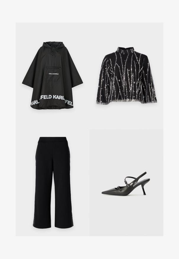 Μαύρο αδιάβροχο poncho με κουκούλα, διαθέτοντας μπροστινή τσέπη και λευκή λογότυπη λεπτομέρεια κατά μήκος του στριφώματος. Λείο, ελαφρύ υλικό.; Μαύρο κοντό τοπ με ψηλό λαιμό, διακοσμημένο με ασημένιες αλληλένδετες κατακόρυφες γραμμές, διαφανείς μανίκες και υφασμάτινη υφή.; Μαύρο παντελόνι με φαρδύ κόψιμο και ομαλή υφή, με δαντελένια επένδυση στα πλάγια και ελαστική μέση για άνεση.; Μαύρες δερμάτινες γόβες slingback με μυτερή μύτη, λεπτό τακούνι και διακοσμητική αγκράφα στο επάνω μέρος. Λείος υφής και κομψός σχεδιασμός.