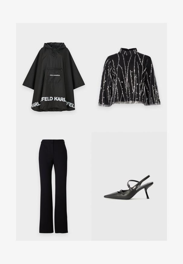 Črn vodoodporen pončo s kapuco, ki ima sprednji žep in bele logotipske detajle ob robu. Gladek, lahek material.; Črn skrajšan top z visokim ovratnikom, ki ima srebrne sequins vertikalne črte, prosojne rokave in teksturirano blago.; Črne hlače s ravnim krojem, gladko teksturo in pasom z enojnim gumbom. Brez vidnih vzorcev ali akcentov.; Črne usnjene sandale na peto s koničastim nosom, vitko peto in okrasno zaponko na sprednjem delu. Gladka tekstura in eleganten dizajn.