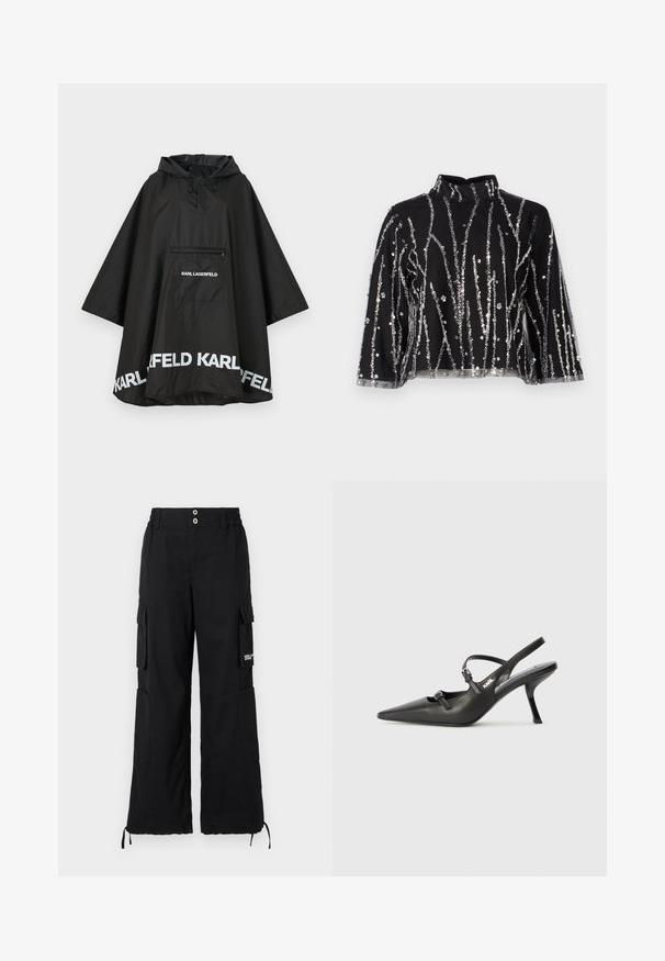 Melnā ūdensizturīgā pončo ar kapuci, ar priekšējo kabatu un baltu logo detalizāciju ap apakšmali. Gluda, viegla materiāla.; Melna īsā topiņa ar augstu kaklu, kurai ir sudraba mirdzošas vertikālas svītras, caurspīdīgas piedurknes un teksturēta auduma.; Melni cargo bikses ar brīvu piegriezumu, kurām ir vairāki sānu kabatas, elastīga josta un regulējamas auklas apakšā.; Melnas ādas slingback papēži ar norādītu purngalu, izsmalcinātu papēdi un dekoratīvu sprādzi uz priekšpuses. Gluda tekstūra un elegants dizains.