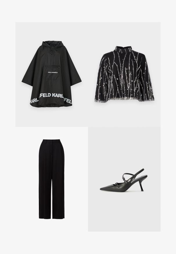 Črn vodoodporen pončo s kapuco, ki ima sprednji žep in bele logotipske detajle ob robu. Gladek, lahek material.; Črn skrajšan top z visokim ovratnikom, ki ima srebrne sequins vertikalne črte, prosojne rokave in teksturirano blago.; Črne hlače širokega kroja iz lahkotnega materiala, ki imajo visok pas, sprednje gubice in minimalističen dizajn brez vidnih žepov ali kovinskih delov.; Črne usnjene sandale na peto s koničastim nosom, vitko peto in okrasno zaponko na sprednjem delu. Gladka tekstura in eleganten dizajn.