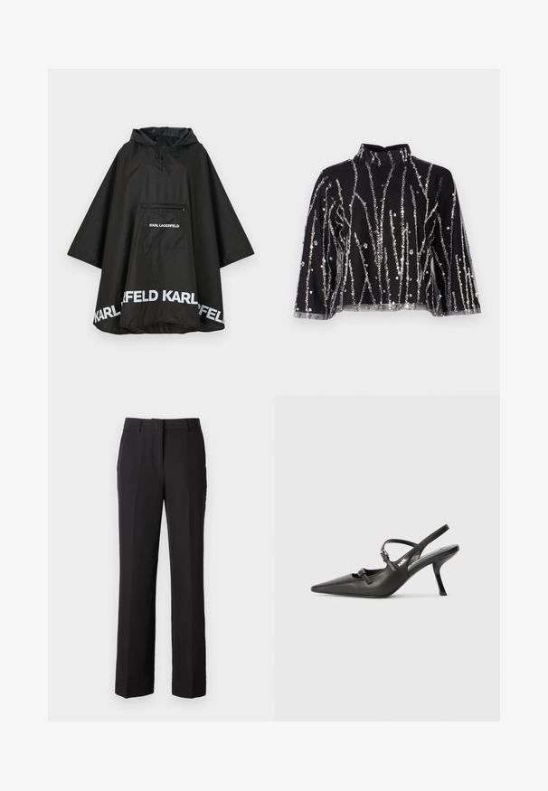 Černý voděodolný pončoš s kapucí, obsahující přední kapsu a bílé logo na lemu. Hladký, lehký materiál.; Černý zkrácený top s vysokým límcem, s vertikálními stříbrnými flitry, průhlednými rukávy a texturovanou tkaninou.; Černé kalhoty s přiléhavým střihem, se skrytým předním dílem, dvěma bočními kapsami a hladkým, matným povrchem. Klasický design, bez vzorů.; Černé kožené lodičky na boku s špičatou špičkou, štíhlým podpatkem a dekorativní přezkou na nártu. Hladká textura a elegantní design.