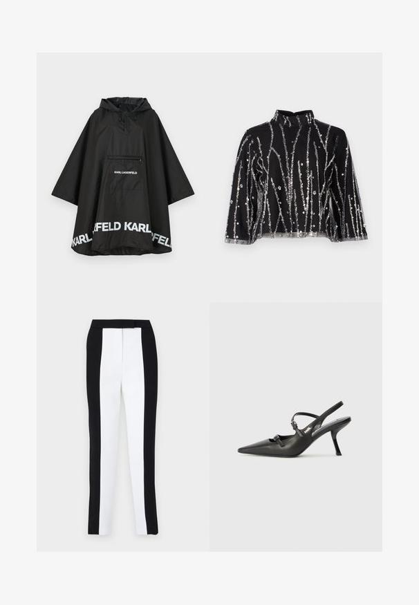 Black waterproof poncho with a hood, featuring a front pocket and white logo detailing along the hem. Smooth, lightweight material.; Black cropped top with high neck, featuring silver sequined vertical lines, sheer sleeves, and textured fabric.; Black and white tapered trousers featuring a slim fit with contrasting panels. Fabric has a smooth texture; waistband is flat and fitted.; Black leather slingback heels with a pointed toe, slender heel, and decorative buckle detail on the vamp. Smooth texture and sleek design.