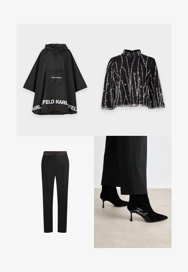 Juodas vandeniui atsparus pončas su kapišonu, turintis priekinę kišenę ir baltus logotipus palei apvadu. Lygus, lengvas audinys.; Juodas trumpas viršus su aukštu kaklu, papuoštas sidabriniais blizgučiais vertikaliomis linijomis, permatomomis rankovėmis ir tekstūruotu audiniu.; Juodos pritaikytos kelnės su lygiu juosmens diržu, tiesaus kirpimo ir subtilaus tekstūros rašto. Tinka tiek formalai, tiek kasdienei aprangai.; Juodi zomšiniai aulinukai iki kulkšnies, su smailiais pirštais, siaurais kulniukais ir sidabriniais "Kowl" detalėmis šone. Lygi tekstūra ir prigludęs dizainas.