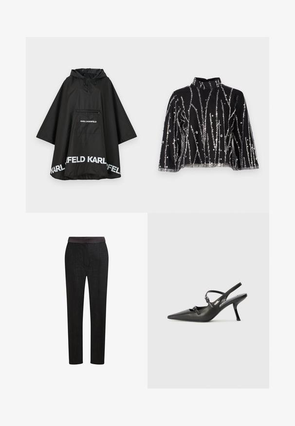 Svart vattentät poncho med huva, som har en framficka och vit logotypdetalj längs nederkanten. Slätt, lätt material.; Svart kort topp med hög hals, prydd med silverfärgade paljetter i vertikala linjer, genomskinliga ärmar och texturerad väv.; Svarta skräddarsydda byxor med en slät midjeband, rak bendesign och subtilt mönstertextur. Lämpliga för både formella och informella tillfällen.; Svarta läderklackar med slingback, spetsig tå, smal klack och dekorativ spänndetalj på ovansidan. Slät struktur och stilren design.