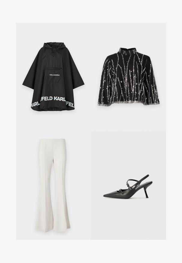 Musta vedenpitävä poncho hupulla, jossa on etutasku ja valkoista logoa helmassa. Sujuva, kevyt materiaali.; Musta lyhyt toppi korkealla kauluksella, jossa on hopeanvärisiä paljetteja vaakasuorina, läpinäkyvät hihat ja teksturoitu materiaali.; Valkoiset leveälahkeiset housut, jotka on valmistettu sileästä, joustavasta kankaasta. Niissä on korkea vyötärö ja muotoilultaan tiukka siluetti, joka levenee polven korkeudelta.; Mustat nahkaiset slingback-korkokengät, joissa on terävä kärki, hoikka korko ja koristeellinen solkityyny varpailla. Tasainen pinta ja tyylikäs muotoilu.