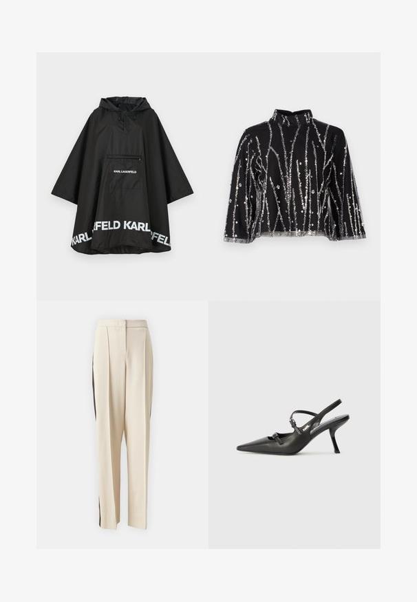 Čierny nepremokavý plášť s kapucňou, vybavený prednou vreckom a bielym logom pozdĺž lemu. Hladký, ľahký materiál.; Čierny crop top s vysokým golierom, ktorý má vertikálne strieborné trblietavé prúžky, priesvitné rukávy a textúrovanú látku.; KARL LAGERFELD TAILORED SUIT PANTS - Nohavice - beige; Čierne kožené slingback topánky na vysokom podpätku s ostrou špicou, štíhlym podpätkom a dekoratívnym detailom s prackou na priehlavku. Hladká textúra a elegantný dizajn.