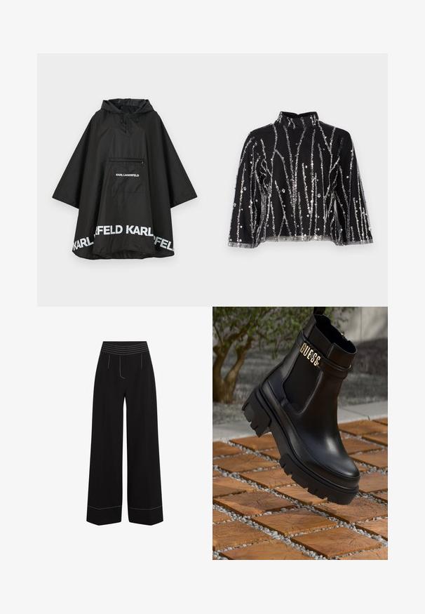 Melnā ūdensizturīgā pončo ar kapuci, ar priekšējo kabatu un baltu logo detalizāciju ap apakšmali. Gluda, viegla materiāla.; Melna īsā topiņa ar augstu kaklu, kurai ir sudraba mirdzošas vertikālas svītras, caurspīdīgas piedurknes un teksturēta auduma.; Melni plaša kāju bikses ar teksturētu, elastīgu jostu. Iekļautas baltas šuvju detaļas pie kabatām un apmalēm. Gluda auduma apdare.; Melna ādas potīšu zābaku ar masīvu gumijas zoli, elastīgām sānu paneļiem un zelta akcents ar "GUESS" zīmola nosaukumu.