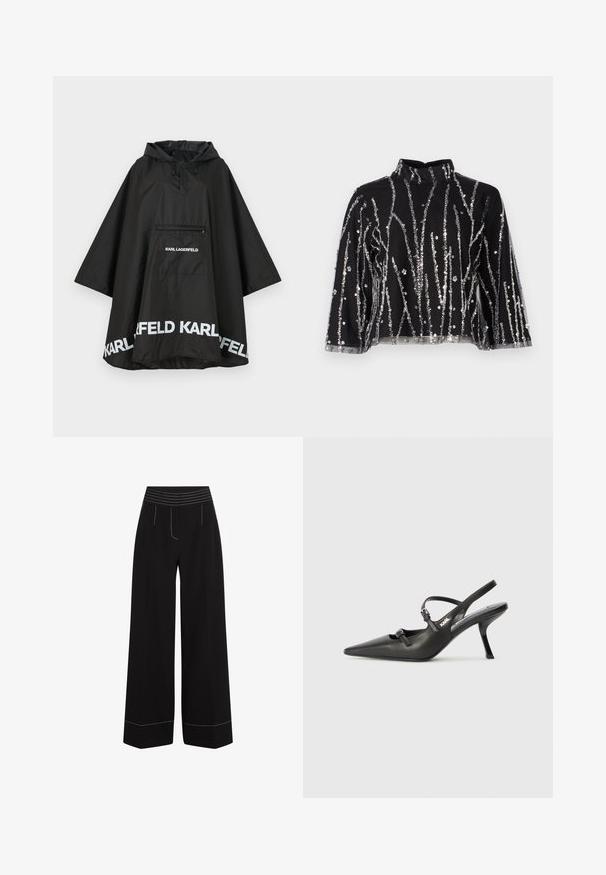 Svart vanntett poncho med hette, med en frontlomme og hvit logo detaljering langs kanten. Glatt, lett materiale.; Svart topp med høy hals, prydet med sølvfargede paljetter i vertikale linjer, gjennomsiktige ermer og teksturert stoff.; Svarte vide bukser med teksturert, elastisk liv. Har hvite sømmer langs lommene og kantene. Glatt stofffinish.; Sorte skinn slingback-hæler med spiss tå, slank hæl og dekorativ spenne detalj på vampsiden. Glatt tekstur og stilrent design.