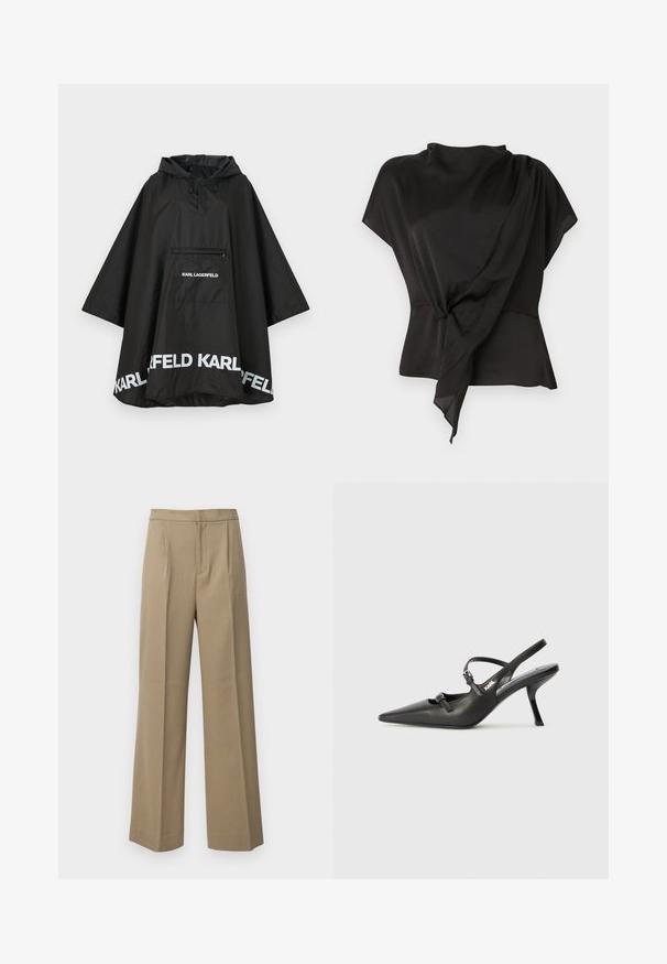 Poncho noir imperméable avec capuche, doté d'une poche avant et d'un logo blanc le long de l'ourlet. Matériau lisse et léger.; Blouse noire en tissu lisse, présentant un design drapé avec un détail noué à la taille et des manches courtes.; Pantalons larges beige en tissu texturé. Avec des plis sur le devant et une taille plate. Pas de fermetures ni de poches visibles.; Talons slingback en cuir noir avec un bout pointu, un talon fin et un détail de boucle décorative sur le vamp. Texture lisse et design épuré.
