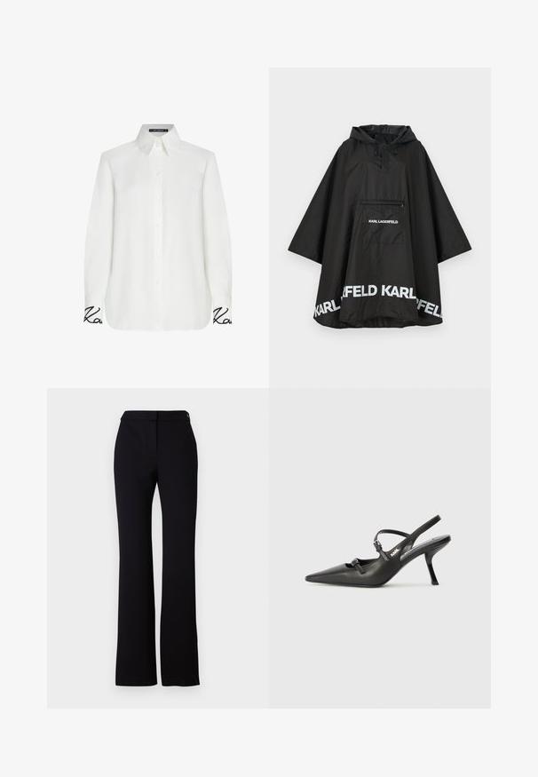 Juodas vandeniui atsparus pončas su kapišonu, turintis priekinę kišenę ir baltus logotipus palei apvadu. Lygus, lengvas audinys.; Balta ilgomis rankovėmis marškiniai su mygtukų apykakle, turintys laisvą siluetą ir juodą išsiuvinėtą akcentą ant rankogalių. Lygus audinys.; Juodi kelnės, turinčios tiesų kirpimą, lygų paviršių ir juosmenį su viena mygtuko uždarymo sistema. Nėra matomų raštų ar akcentų.; Juodi odiniai slingback kulniukai su smailiu pirštu, siauru kulnu ir dekoratyvine sagtimi viršuje. Lygus paviršius ir elegantiškas dizainas.