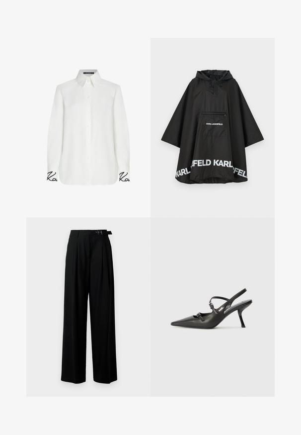 Poncho negru, impermeabil, cu glugă, având o buzunar frontal și detalii cu logo alb pe margine. Material ușor și neted.; Cămașă albă cu mânecă lungă, guler cu nasturi, având o croială lejeră și un accent brodat negru pe manșete. Textură netedă.; Pantaloni negri cu croi larg, talie înaltă, pliuri în față și un b μέρος cu cataramă. Confecționați dintr-un material neted și ușor.; Pantofi cu toc slingback din piele neagră, cu vârful ascuțit, toc subțire și detaliu decorativ cu cataramă pe partea din față. Textură netedă și design elegant.