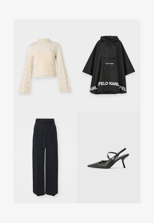 Zwarte waterdichte poncho met capuchon, voorzien van een voorzak en witte logodetails langs de zoom. Gladde, lichte stof.; Kanttop in roomkleur, met belmouwen en een hoge hals. Diamanten patroon door het geheel met een golvende zoom. Doorzichtige textuur.; Zwarte wijde broek van zachte stof. Voorzien van een ceintuur en plooien aan de voorkant. Glad textuur met een strakke, hedendaagse stijl.; Zwarte leren slingback hakken met een spitse neus, slanke hak en decoratieve gespdetails op de bovenkant. Gladde textuur en een strakke uitstraling.