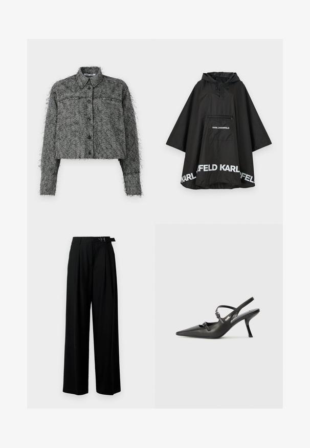 Zwarte waterdichte poncho met capuchon, voorzien van een voorzak en witte logodetails langs de zoom. Gladde, lichte stof.; Zwart en grijs visgraat cropped jasje met knopen aan de voorkant, lange mouwen en een klassieke kraag, voorzien van een gestructureerde fuzzy afwerking.; Zwarte wijde broek met hoge taille, plooien aan de voorkant en een riem met een gesp. Gemaakt van glad, lichtgewicht stof.; Zwarte leren slingback hakken met een spitse neus, slanke hak en decoratieve gespdetails op de bovenkant. Gladde textuur en een strakke uitstraling.