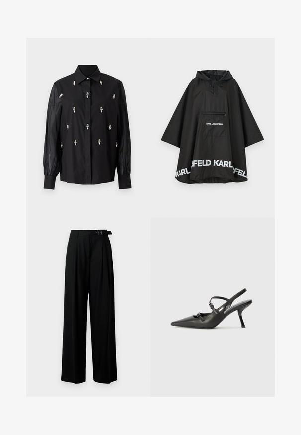 Black waterproof poncho with a hood, featuring a front pocket and white logo detailing along the hem. Smooth, lightweight material.; Black shirt featuring a structured design, with sheer sleeves and silver decorative accents positioned vertically across the front.; Black wide-leg trousers with a high waist, pleats at the front, and a belt featuring a buckle. Made from smooth, lightweight fabric.; Black leather slingback heels with a pointed toe, slender heel, and decorative buckle detail on the vamp. Smooth texture and sleek design.