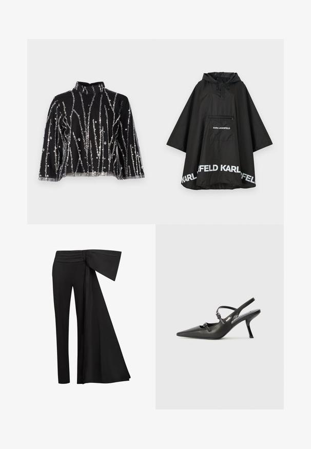 Poncho noir imperméable avec capuche, doté d'une poche avant et d'un logo blanc le long de l'ourlet. Matériau lisse et léger.; Haut court noir à col montant, présentant des lignes verticales en sequins argentés, des manches transparentes et un tissu texturé.; Pantalons noirs avec un large détail de ceinture drapée à la taille. Tissu lisse, coupe droite et taille plissée.; Talons slingback en cuir noir avec un bout pointu, un talon fin et un détail de boucle décorative sur le vamp. Texture lisse et design épuré.