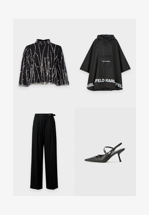 Poncho noir imperméable avec capuche, doté d'une poche avant et d'un logo blanc le long de l'ourlet. Matériau lisse et léger.; Haut court noir à col montant, présentant des lignes verticales en sequins argentés, des manches transparentes et un tissu texturé.; Pantalons larges noirs taille haute, avec des plis à l'avant et une ceinture avec une boucle. Conçus en tissu lisse et léger.; Talons slingback en cuir noir avec un bout pointu, un talon fin et un détail de boucle décorative sur le vamp. Texture lisse et design épuré.