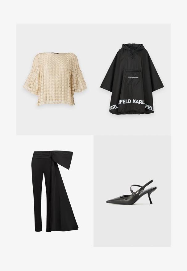 Poncho noir imperméable avec capuche, doté d'une poche avant et d'un logo blanc le long de l'ourlet. Matériau lisse et léger.; Blouse beige avec un motif floral texturé, dotée de manches larges et d'un décolleté arrondi. Fabriquée en tissu léger brodé.; Pantalons noirs avec un large détail de ceinture drapée à la taille. Tissu lisse, coupe droite et taille plissée.; Talons slingback en cuir noir avec un bout pointu, un talon fin et un détail de boucle décorative sur le vamp. Texture lisse et design épuré.