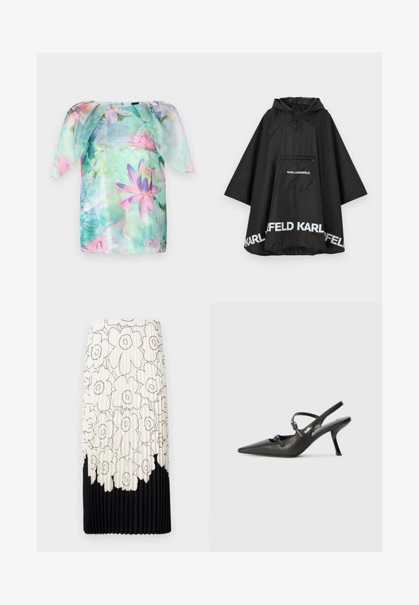 Crni vodootporni pončo s kapuljačom, s prednjim džepom i detaljima bijelih logotipa duž rubova. Glatki, lagani materijal.; Bluzica s kratkim rukavima napravljena od svijetlog, prozračnog materijala s akvarel cvjetnim uzorkom u ružičastim i plavim nijansama, okrugli izrez i širok kroj.; Preg pletena suknja s cvjetnim uzorkom u crnoj i bijeloj boji, koja ima svijetlu gornju polovicu s cvjetovima i čvrsti crni donji rub.; Crne kožne štikle sa otvorenom petom, s uskim vrhom i dekorativnom kopčom na gornjem dijelu. Glatka tekstura i elegantan dizajn.