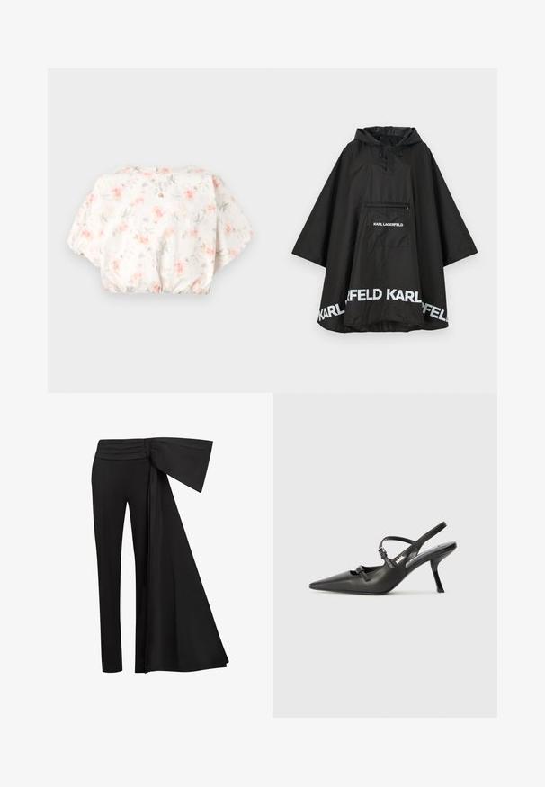 Černý voděodolný pončoš s kapucí, obsahující přední kapsu a bílé logo na lemu. Hladký, lehký materiál.; Květinová blůza s bílým pozadím, zdobená květinovými vzory v pastelově růžové a šedé barvě, s balónovými rukávy a nařaseným lemem. Zapínání na klíčovou dírku na zádech.; Černé kalhoty s širokým, splývavým páskem v oblasti pasu. Hladká látka, rovný střih nohavic a plisovaný pas.; Černé kožené lodičky na boku s špičatou špičkou, štíhlým podpatkem a dekorativní přezkou na nártu. Hladká textura a elegantní design.