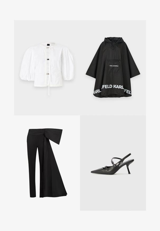 Črn vodoodporen pončo s kapuco, ki ima sprednji žep in bele logotipske detajle ob robu. Gladek, lahek material.; Bela jakna s puf rukavi in ravnim krojem, s sprednjim zapiranjem na kovinske zaponke in okroglim izrezom. Gladek bombažni material.; Črne hlače z širokim, drapiranim pasom na pasu. Gladko blago, ravna kroja in nabran pas.; Črne usnjene sandale na peto s koničastim nosom, vitko peto in okrasno zaponko na sprednjem delu. Gladka tekstura in eleganten dizajn.