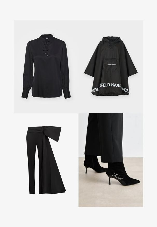 Czarny wodoodporny poncho z kapturem, z kieszenią z przodu i białymi detalami logo wzdłuż krawędzi. Gładki, lekki materiał.; Czarna bluzka z długim rękawem, wykonana z gładkiego materiału, z kołnierzykiem stójkowym, detalem w postaci kokardy przy szyi oraz dopasowanymi mankietami. Minimalistyczny design.; Czarne spodnie z szerokim, drapowanym paskiem w talii. Gładki materiał, prosty krój nogawki i plisowany pasek w talii.; Czarne zamszowe botki do kostki z wydłużonymi noskami, smukłymi obcasami i srebrnym detalem "Kowl" po boku. Gładka faktura i dopasowany krój.