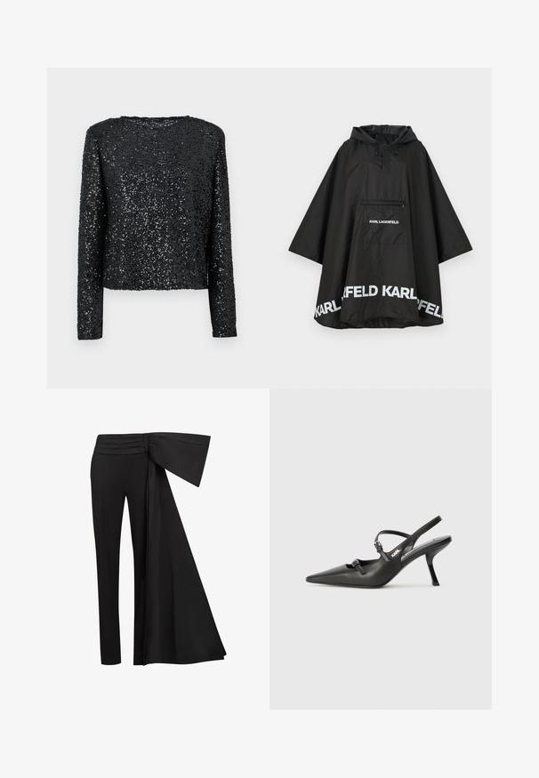 Crni vodootporni pončo s kapuljačom, s prednjim džepom i detaljima bijelih logotipa duž rubova. Glatki, lagani materijal.; Crna majica dugih rukava prekrivena malim šljokicama, sa okruglim izrezom i opuštenim krojem, glatke teksture i sjajne površine.; Crne hlače s širokim, drapiranim detaljem u struku. Glatka tkanina, ravnog kroja i naboran pojas.; Crne kožne štikle sa otvorenom petom, s uskim vrhom i dekorativnom kopčom na gornjem dijelu. Glatka tekstura i elegantan dizajn.