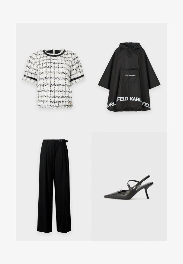 Zwarte waterdichte poncho met capuchon, voorzien van een voorzak en witte logodetails langs de zoom. Gladde, lichte stof.; Wit en zwart geblokt T-shirt met korte mouwen, een gestructureerde stof, ronde halslijn en zwarte bies langs de mouwen en kraag.; Zwarte wijde broek met hoge taille, plooien aan de voorkant en een riem met een gesp. Gemaakt van glad, lichtgewicht stof.; Zwarte leren slingback hakken met een spitse neus, slanke hak en decoratieve gespdetails op de bovenkant. Gladde textuur en een strakke uitstraling.