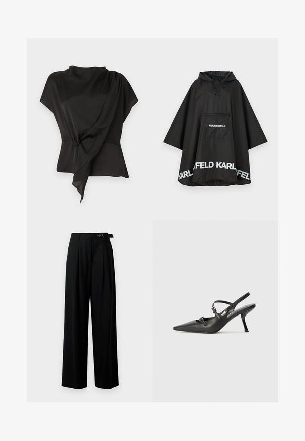 Juodas vandeniui atsparus pončas su kapišonu, turintis priekinę kišenę ir baltus logotipus palei apvadu. Lygus, lengvas audinys.; Juoda palaidinė, pagaminta iš lygaus audinio, su drapiruotu dizainu, kuriame yra mazgo detalė ties liemeniu ir trumpomis rankovėmis.; Juodos plačios kojų kelnės su aukštu liemeniu, priekinėmis klostėmis ir diržu su sagtimi. Pagamintos iš lygaus, lengvo audinio.; Juodi odiniai slingback kulniukai su smailiu pirštu, siauru kulnu ir dekoratyvine sagtimi viršuje. Lygus paviršius ir elegantiškas dizainas.