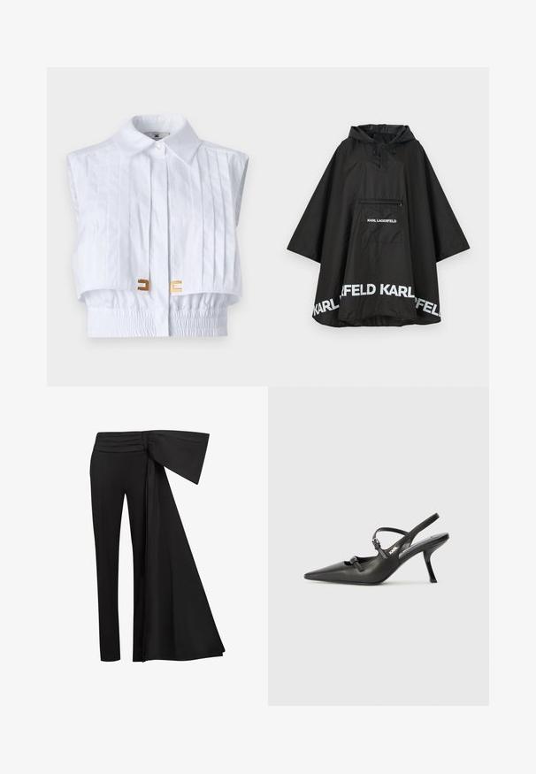 Černý voděodolný pončoš s kapucí, obsahující přední kapsu a bílé logo na lemu. Hladký, lehký materiál.; Bílá zkrácená košile s špičatým límcem, plisovaným předním dílem, elastickým pasem a zlatými prvky. Hladká textura, bezrukávový design.; Černé kalhoty s širokým, splývavým páskem v oblasti pasu. Hladká látka, rovný střih nohavic a plisovaný pas.; Černé kožené lodičky na boku s špičatou špičkou, štíhlým podpatkem a dekorativní přezkou na nártu. Hladká textura a elegantní design.