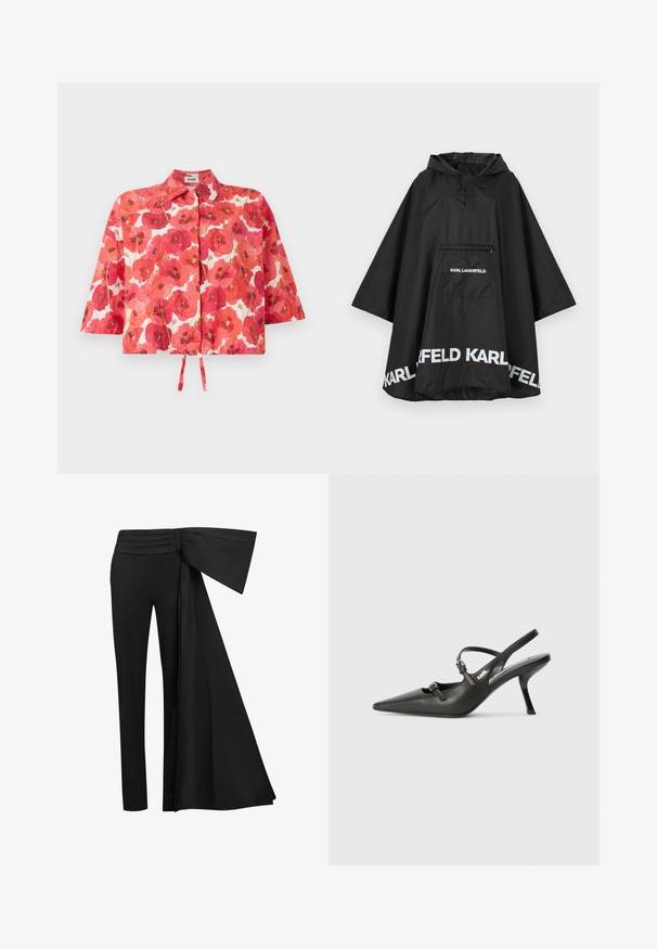 Zwarte waterdichte poncho met capuchon, voorzien van een voorzak en witte logodetails langs de zoom. Gladde, lichte stof.; Korte mouwen cropped shirt met een rode klaproos bloempatroon, witte achtergrond, kraag en een strikdetail aan de voorkant voor sluiting.; Zwarte broek met een brede, gedrapeerde sjaaldetail bij de taille. Gladde stof, rechte pijp en geplooide tailleband.; Zwarte leren slingback hakken met een spitse neus, slanke hak en decoratieve gespdetails op de bovenkant. Gladde textuur en een strakke uitstraling.