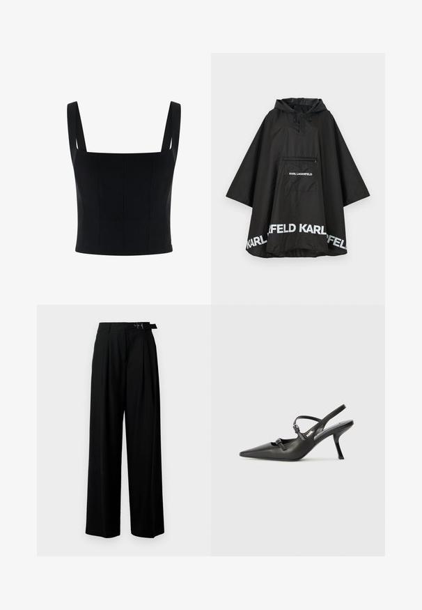 Black waterproof poncho with a hood, featuring a front pocket and white logo detailing along the hem. Smooth, lightweight material.; Black cropped top with wide shoulder straps, features a structured design, and vertical seams for added shape and detail. Smooth texture.; Black wide-leg trousers with a high waist, pleats at the front, and a belt featuring a buckle. Made from smooth, lightweight fabric.; Black leather slingback heels with a pointed toe, slender heel, and decorative buckle detail on the vamp. Smooth texture and sleek design.